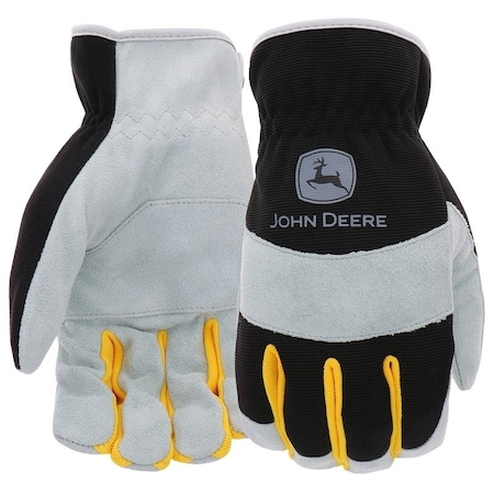 John Deere Work Gloves, SlipOn, Men's, XL, Keystone Thumb, Shirred Cuff, Spandex Back, BlackGray JD86020-XL