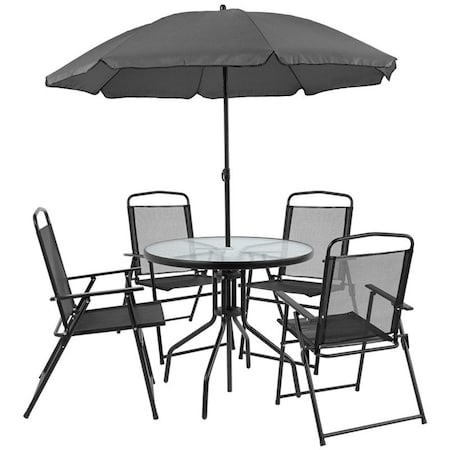 Flash Furniture Round Patio Table Set And Umbrella, 6 pcs., 31-1/4"; 21-1/4" X Clear GM-202012-BK-GG
