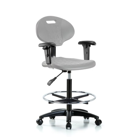 Blue Ridge Ergonomics Poly Chair - High Bench Height with Chrome Foot Ring, Adjustable Arms, & Casters in Gray Poly TPHBCH-RG-A1-CF-RC-GRY
