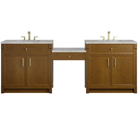 James Martin Vanities Bellshire 96" Dual Vanity Set w/24" Make-Up Counter, Honey Oak w/3 cm Victorian Silver Silestone Top 660-VMC96-HNO-3VSL