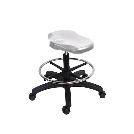 Blue Ridge Ergonomics Polyurethane Ray Stool - Medium Bench Height with Chrome Foot Ring & Casters in Gray Polyurethane PRPMBSL-RG-CF-RC-GRY
