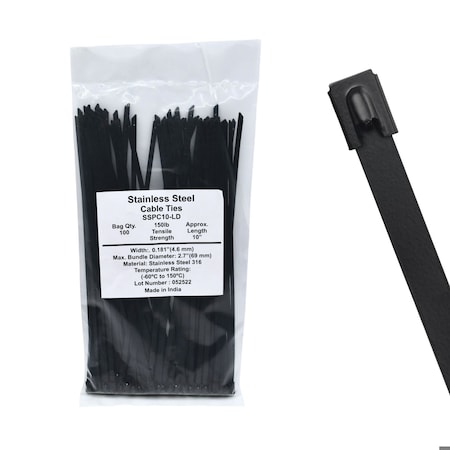 Cable Ties Unlimited Cable Tie, 10 in L, 150 lb Strength, 2.6 in Max Bundle Dia, Coated 316 Stainless Steel, Black, 100PK SSPCoated10-LD