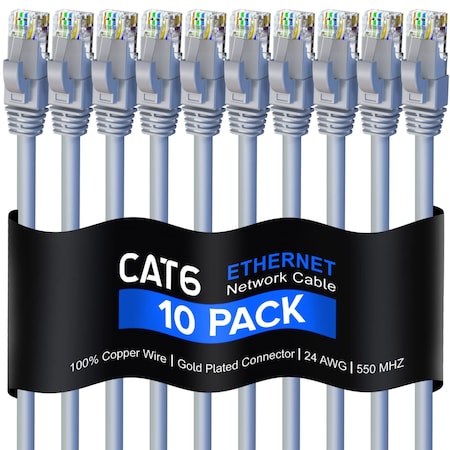 Maximm Cat6 Ethernet Cable 8ft 10Gbps 550MHz UTP, 10PK, Gray, 10PK CAT6-8FT-GRAY-10PK