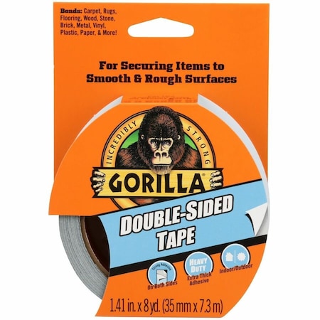 Gorilla Glue Double Sided Film Tape: 1 3/8 in Roll Wd, 8 yd Roll Lg, 14 mil Thick, Rubber, Gray 100925