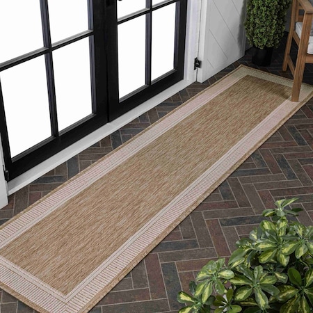 Jonathan Y Hali Coastal Casual Wide Stripe Border Beige/Cream 2 ft. x 8 ft. Indoor/Outdoor Runner Rug TSN211A-28