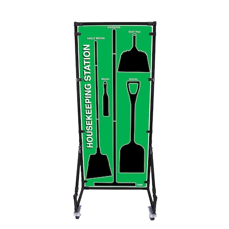 5S Supplies Housekeeping Shadow Board Broom Station V5, Green / Black Shadows, No Broom + Stand HSB-V5-GREEN-BO-STAND