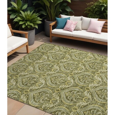 Homeroots 10' X 14' Green Damask Washable Non Skid Indoor Outdoor Area Rug 563888
