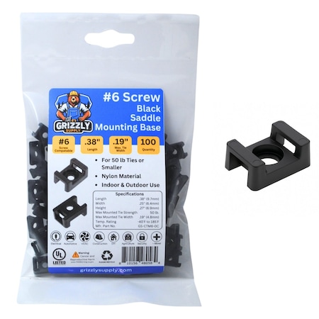 Grizzly Supply Cable Tie Saddle Mount, Mounting Base, No. 6 Screw, Nylon 6/6, UV Resistant, Black, 100PK GS-CTM6-0C