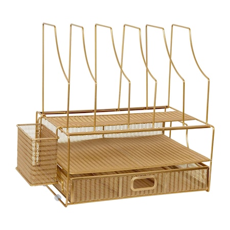 Martha Stewart Ryder Gold Mesh Metal Large Desktop Organizer With Paper File Letter Holder Organizer and Drawer HH-OHD19-GLD-MS