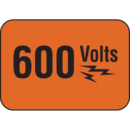 Brady 600 VOLTS Sign, 3.5in H x 5in W x 0.006in D, Black on Orange 20936