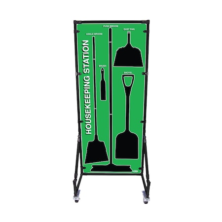 5S Supplies Housekeeping Shadow Board Broom Station V17, Green, Kit + Stand HSB-V17-GREEN-KIT-STAND