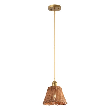 Jonathan Y Hattie 8.8 in. 1-Light Coastal Bohemian Metal and Woven Rattan LED Pendant Light, Gold Painting/Brown JYL5711A