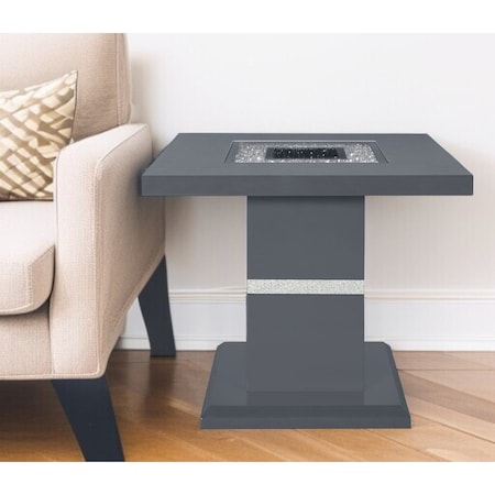 Homeroots 24" Dark Gray and Silver Faux Crystals Glass and Wood Square Pedestal End Table 560098