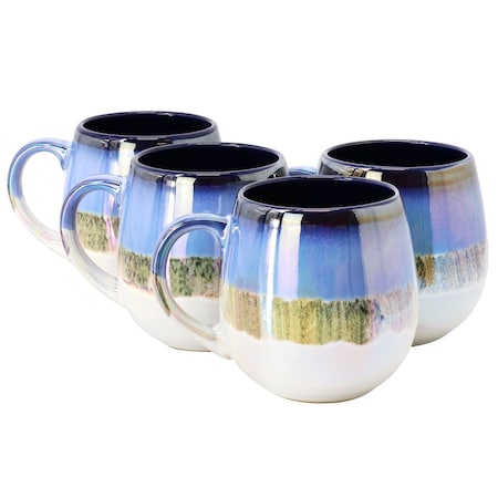 Meritage Luster 4 Piece 19.6 Ounce Reactive Glaze Stoneware Belly Mug Set in Blue Multi 117345.01