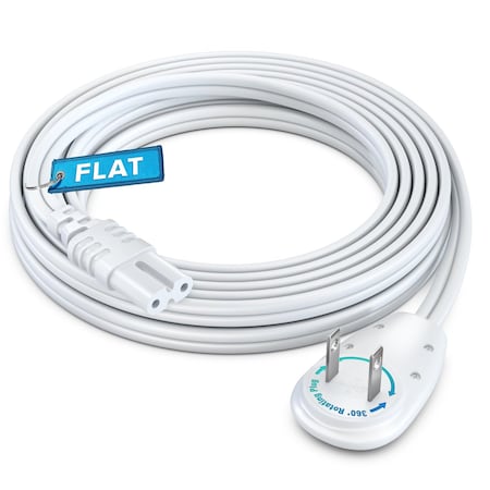Maximm 10ft 2-Prong TV Power Cord, 360 degrees Flat Plug, Non-Polarized UL, White ADW-90A-C7F10-16W0