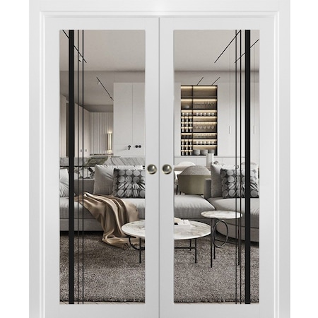 Sartodoors Sliding Double Pocket Door, Lucia 2566 White Silk with Clear Glass and Aluminum Strips, Kit Trims LUCIA2566DP-WS-36 x 80 (2* 18x80)