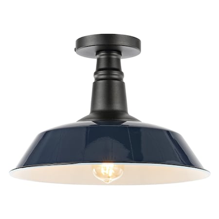 Jonathan Y Camila 14" 1-Light Classic Industrial Indoor/Outdoor Iron LED Semi Flush Mount, Navy/White JYL7617C