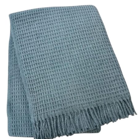 Homeroots 55" X 70" Slate Blue Cotton Blend Waffle Weave Throw Blanket with Fringe 632918