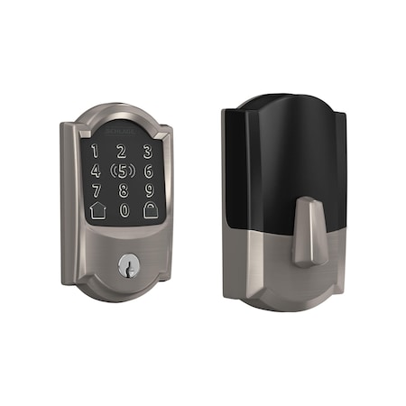 Schlage Residential Camelot Encode Plus Smart Wifi Deadbolt with 12351 Latch and 10116 Strike Satin Nickel Finish BE499WBCAM619