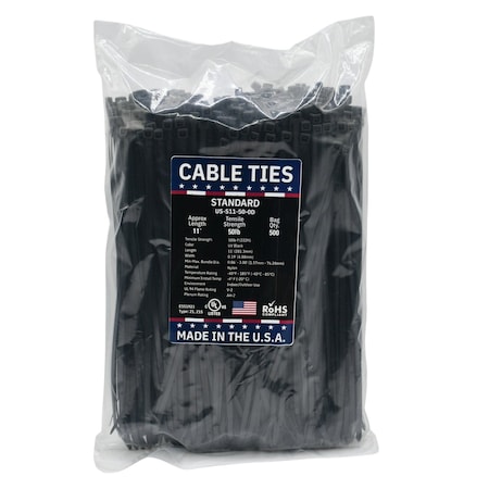 Cable Ties Unlimited Cable Tie, 11 in L, 50 lb Strength, 2.9 in Max Bundle Dia, Nylon 6/6, Black 500PK US-S11-50-0D