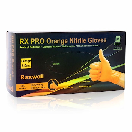 Raxwell Orange Diamond Grip Nitrile Gloves, 8.5 mil, Medium, 100PK RX50007