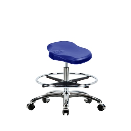 Blue Ridge Ergonomics Poly Ray Stool Chrome - Medium Bench Height with Chrome Foot Ring & Chrome Casters in Blue Poly PRPMBSL-CR-CF-CC-BLU