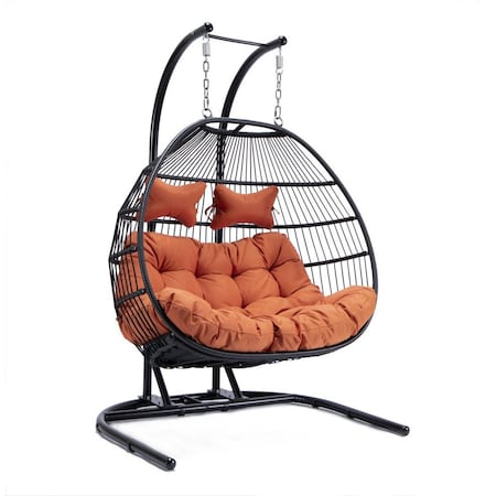 Leisuremod Wicker 2 Person Double Folding Hanging Egg Swing Chair Orange Cushions ESCF52OR