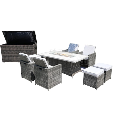 Homeroots Ten Piece Outdoor Gray Wicker Multiple Chairs Seating Group Fire Pit Included with White Cushions 479137