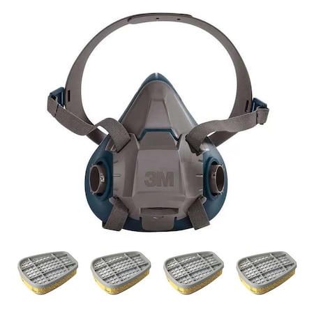 3M Low Maintenance Half Mask Respirator Kit, Includes 4 Chemical Cartridges, 6000 Series, Bayonet, L 6AP71-4AD98