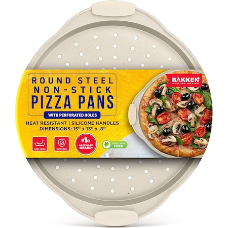 Bakken- Swiss BAKKEN Pizza Pan, Round Perforated, Nonstick Marble Coating, Dishwasher Safe, White BAKPIZWHT24