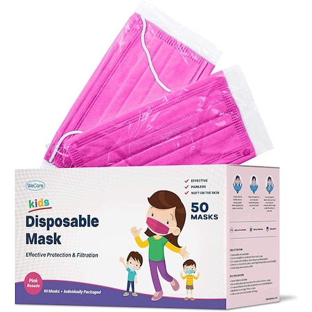Wecare Kids Disposable Face Mask, 3, Pink, Kids, 50 PK WMN100011