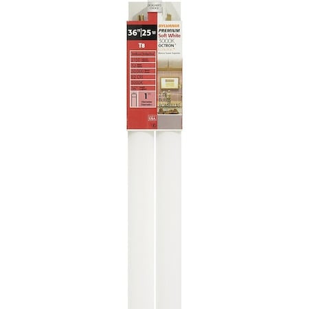 Sylvania Fluorescent Bulb, 25 W, T8 Lamp, Medium G13 Lamp Base, 2150 Lumens, 3000 K Color Temp, Warm White Light 22363
