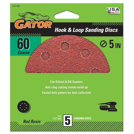 Gator Finishing Red Resin 5 in. Hook and Loop Sanding Discs, 60 Grit, Coarse, 5PK 3725