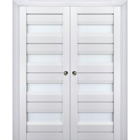 Sartodoors Sliding French Double Pocket Doors with Frosted Glass White 72x96 (2* 36x96) Solid Core VEREGIO7455DP-WS-7296