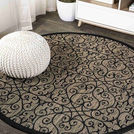 Jonathan Y Madrid Vintage Filigree Textured Weave Black/Khaki 8 ft Round Indoor/Outdoor Area Rug SMB107A-8R