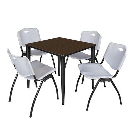 Regency Square Kahlo Breakroom Table W/ 4 M Stack Chairs, 30 in W, 30 in L, Neo Walnut TPL3030NWBK47GY