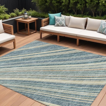 Homeroots 10' X 14' Sky Blue Beige And Tan Striped Washable Indoor Outdoor Area Rug 615012