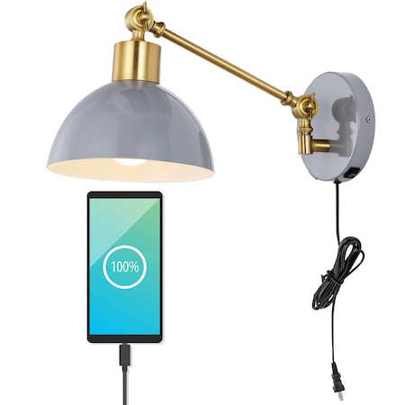 Jonathan Y Lisa 18 in. Swing Arm 1-Light Modern Midcentury Iron USB Charging Port LED Sconce, Grey/Brass Gold JYL1301C