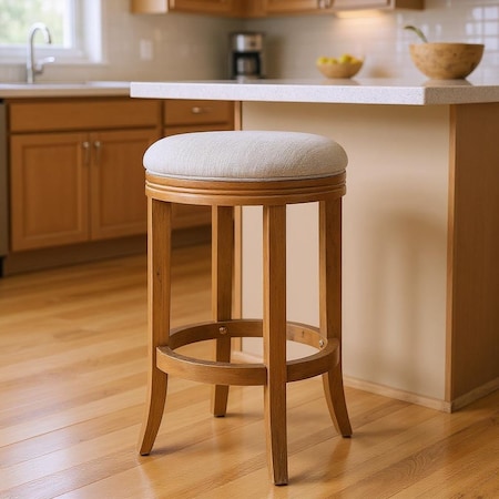 Homeroots 26" Sand and Natural Fabric and Solid Wood Backless Counter Height Swivel Bar Chair 632406