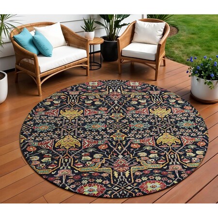 Homeroots 8' Black Red And Gold Round Floral Washable Indoor Outdoor Area Rug 604637