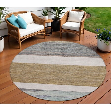 Homeroots 8' Brown Ivory And Blue Round Abstract Washable Indoor Outdoor Area Rug 615274