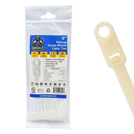 Grizzly Supply Screw Mount Cable Tie, 6 in L, 40 lb Strength, 1.4 in Max Bundle Dia, Nylon 6/6, Natural, 30PK GS-SM6-40-9T