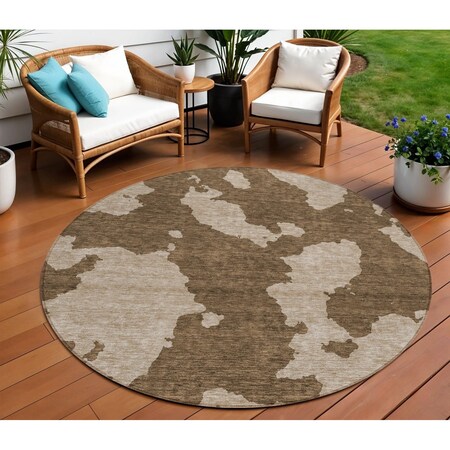 Homeroots 8' Brown And Beige Round Abstract Washable Indoor Outdoor Area Rug 614517