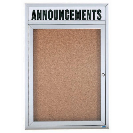 Aarco Enclosed Natural Pebble Grain Cork Bulletin Board, Header Clear Satin Anodized Al Frame, 24''Hx18''W DCC2418RH