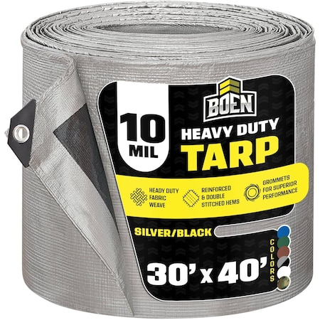 Boen Heavy Duty Tarp, 30 ft x 40 ft, 10 Mil, Silver/Black, Polyethylene ST-3040