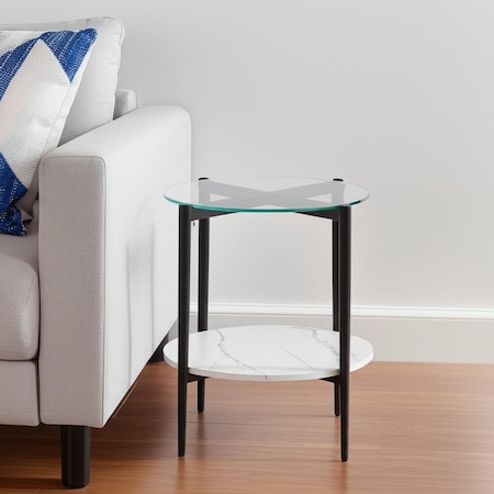 Homeroots 22" Clear Black and White Tempered Glass Faux Marble and Steel Round End Table With Shelf 544165