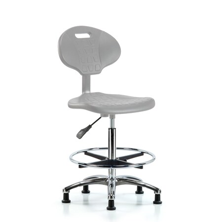 Blue Ridge Ergonomics Poly Chair Chrome - High Bench Height with Chrome Foot Ring & Stationary Glides in Gray Poly TPHBCH-CR-A0-CF-RG-GRY