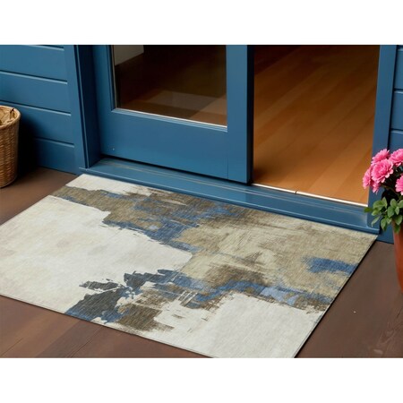 Homeroots 3' X 5' Beige And Brown Abstract Washable Indoor Outdoor Area Rug 609154