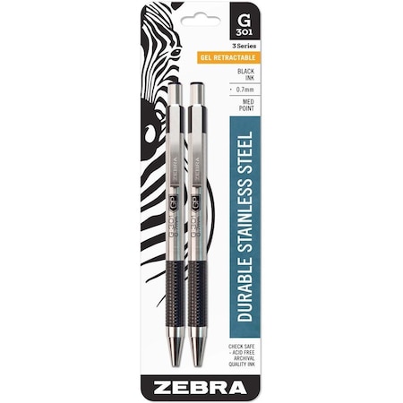 Zebra Pen Retractable Gel Pen, Medium 0.7 mm, Black PK2 41312
