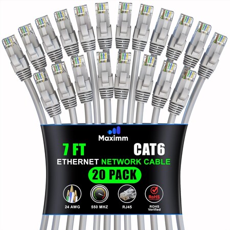 Maximm Cat6 Ethernet Cable 7ft 10Gbps 550MHz UTP, 20PK, Gray, 20PK CAT6CCA-7GR-20PK